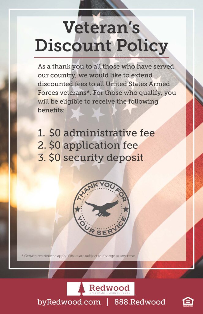 Redwood Living, Inc.'s veteran discount policy graphic - $0 deposit, $0 admin fee, $0 application fee